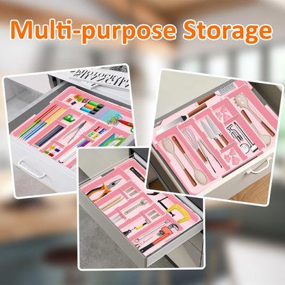 Large Utensil Drawer Organizer Expandable Silverware Organizer for Kitchen Drawer Adjustable Cooking Utensil Holder Cutlery Flatware Tray Spatula Tools Gadgets Storage Dividers Plastic Black
