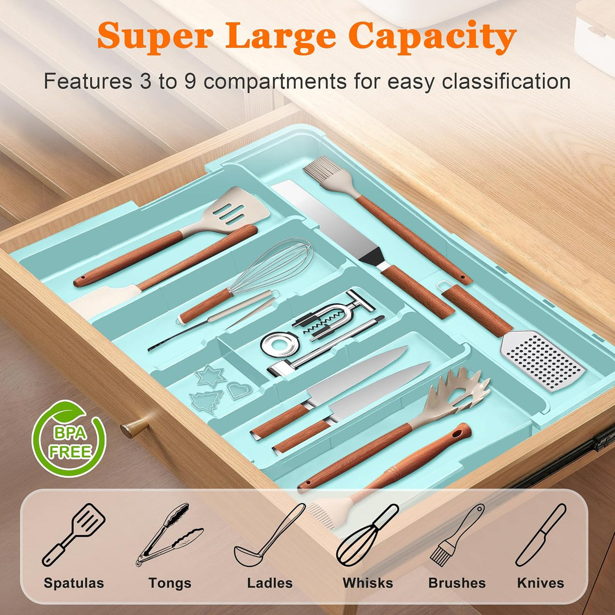 Large Utensil Drawer Organizer Expandable Silverware Organizer for Kitchen Drawer Adjustable Cooking Utensil Holder Cutlery Flatware Tray Spatula Tools Gadgets Storage Dividers Plastic Black