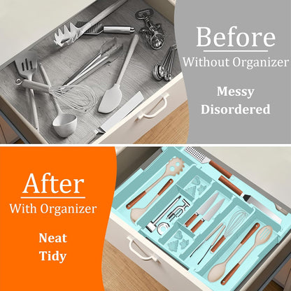 Large Utensil Drawer Organizer Expandable Silverware Organizer for Kitchen Drawer Adjustable Cooking Utensil Holder Cutlery Flatware Tray Spatula Tools Gadgets Storage Dividers Plastic Black