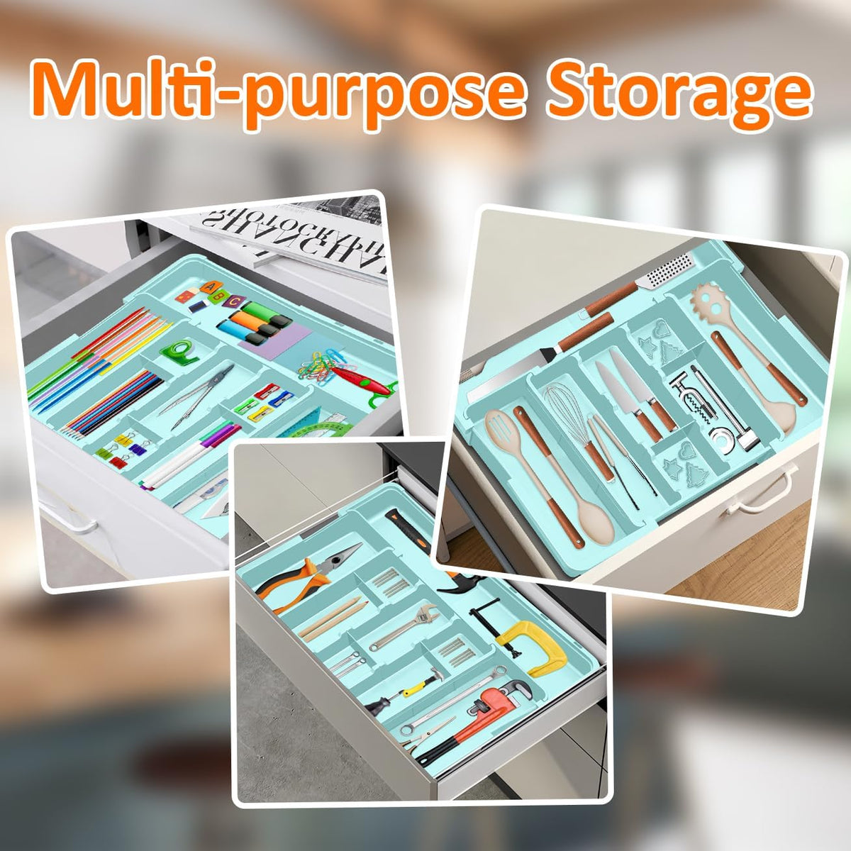 Large Utensil Drawer Organizer Expandable Silverware Organizer for Kitchen Drawer Adjustable Cooking Utensil Holder Cutlery Flatware Tray Spatula Tools Gadgets Storage Dividers Plastic Black