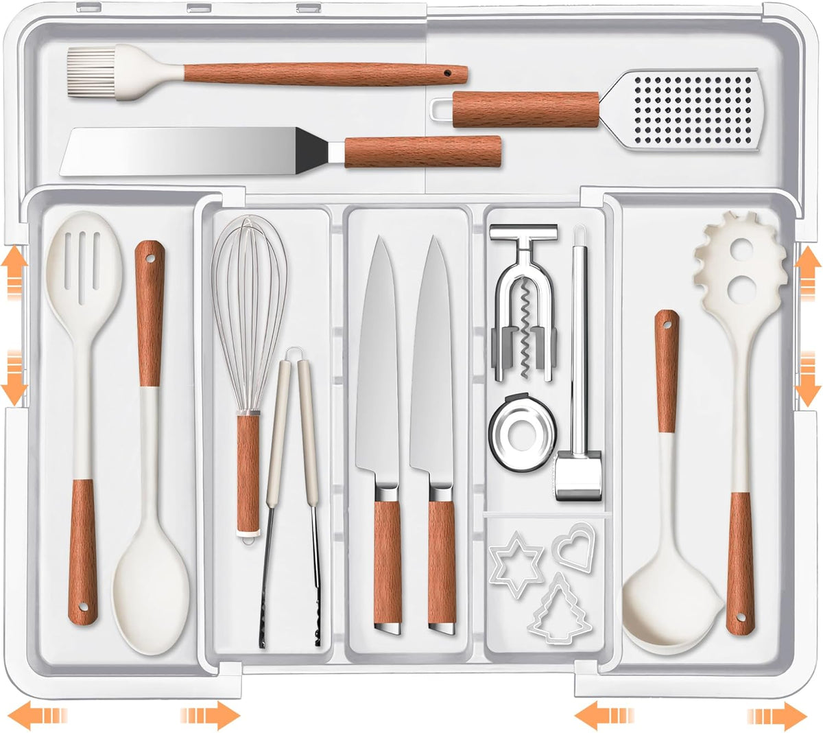 Large Utensil Drawer Organizer Expandable Silverware Organizer for Kitchen Drawer Adjustable Cooking Utensil Holder Cutlery Flatware Tray Spatula Tools Gadgets Storage Dividers Plastic Black