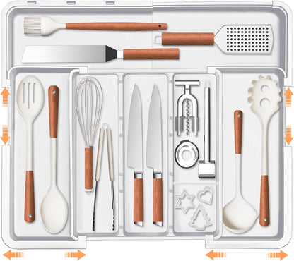 Large Utensil Drawer Organizer Expandable Silverware Organizer for Kitchen Drawer Adjustable Cooking Utensil Holder Cutlery Flatware Tray Spatula Tools Gadgets Storage Dividers Plastic Black