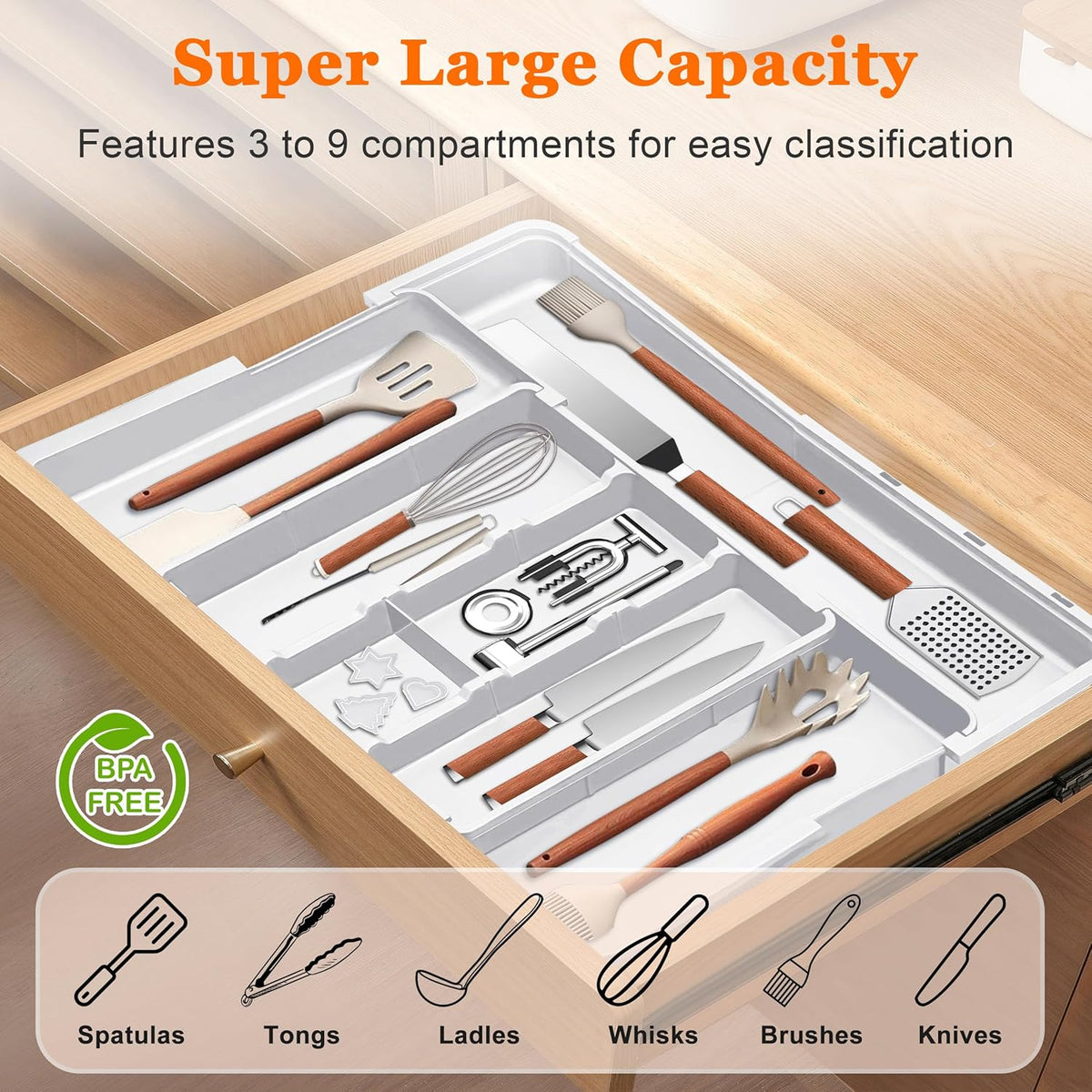 Large Utensil Drawer Organizer Expandable Silverware Organizer for Kitchen Drawer Adjustable Cooking Utensil Holder Cutlery Flatware Tray Spatula Tools Gadgets Storage Dividers Plastic Black