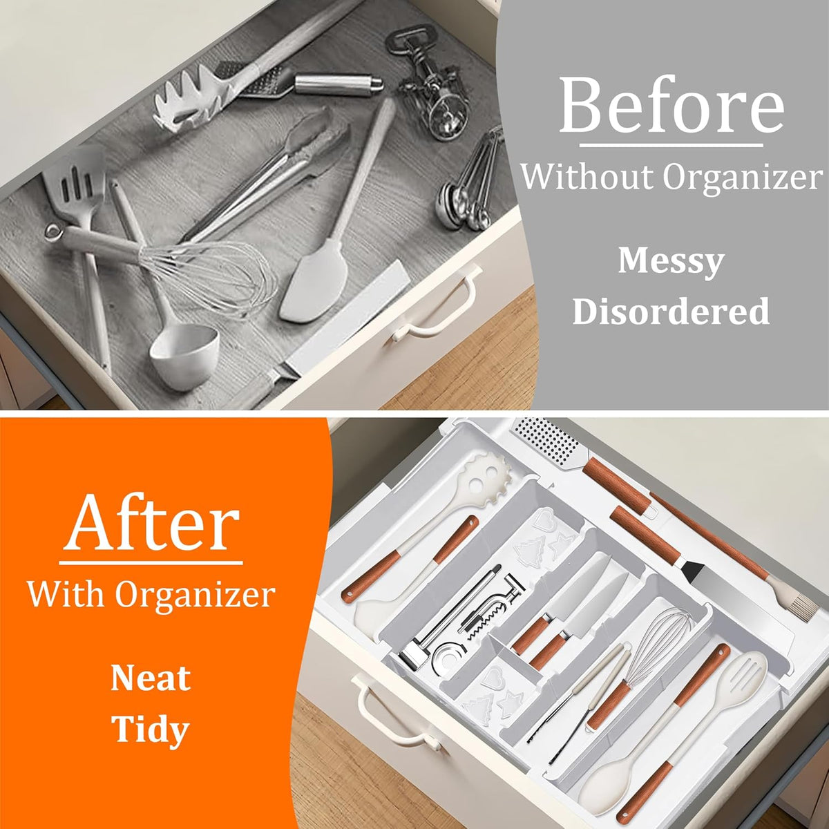 Large Utensil Drawer Organizer Expandable Silverware Organizer for Kitchen Drawer Adjustable Cooking Utensil Holder Cutlery Flatware Tray Spatula Tools Gadgets Storage Dividers Plastic Black