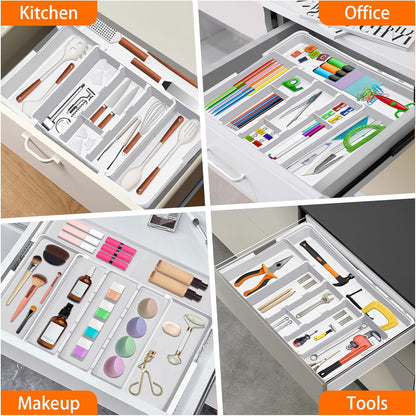 Large Utensil Drawer Organizer Expandable Silverware Organizer for Kitchen Drawer Adjustable Cooking Utensil Holder Cutlery Flatware Tray Spatula Tools Gadgets Storage Dividers Plastic Black