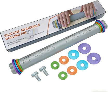 Adjustable Rolling Pin with Thickness Rings, Silicone Dough Roller | 4 thickness rings, Non-stick silicone surface, Stainless steel core, 12.8" rolling pin, For pizza pastry cookie baking