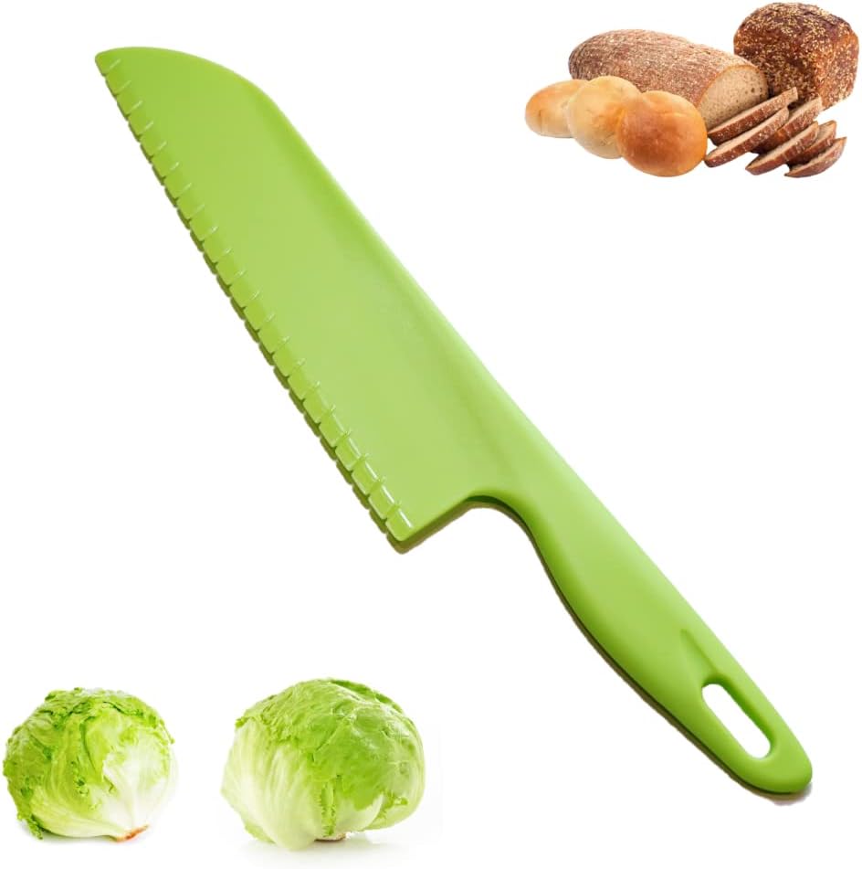 Professional Lettuce Knife, 11" Serrated Salad Cutter for Veggies, Fruit, Bread, Cake, Salad, Plastic Kitchen Nylon Knife for Cooking and Cutting to Prevent Turning Brown, Green
