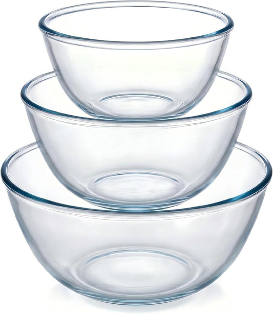 Borosilicate Glass Mixing Bowls Set of 3 (2.8, 2.2, 1.1QT) - Heavy Duty, Scratch Resistant, Non-Toxic & Lead-Free – Oven/Microwave/Dishwasher/Freezer Safe – Ideal for Meal Prep, Baking & Serving