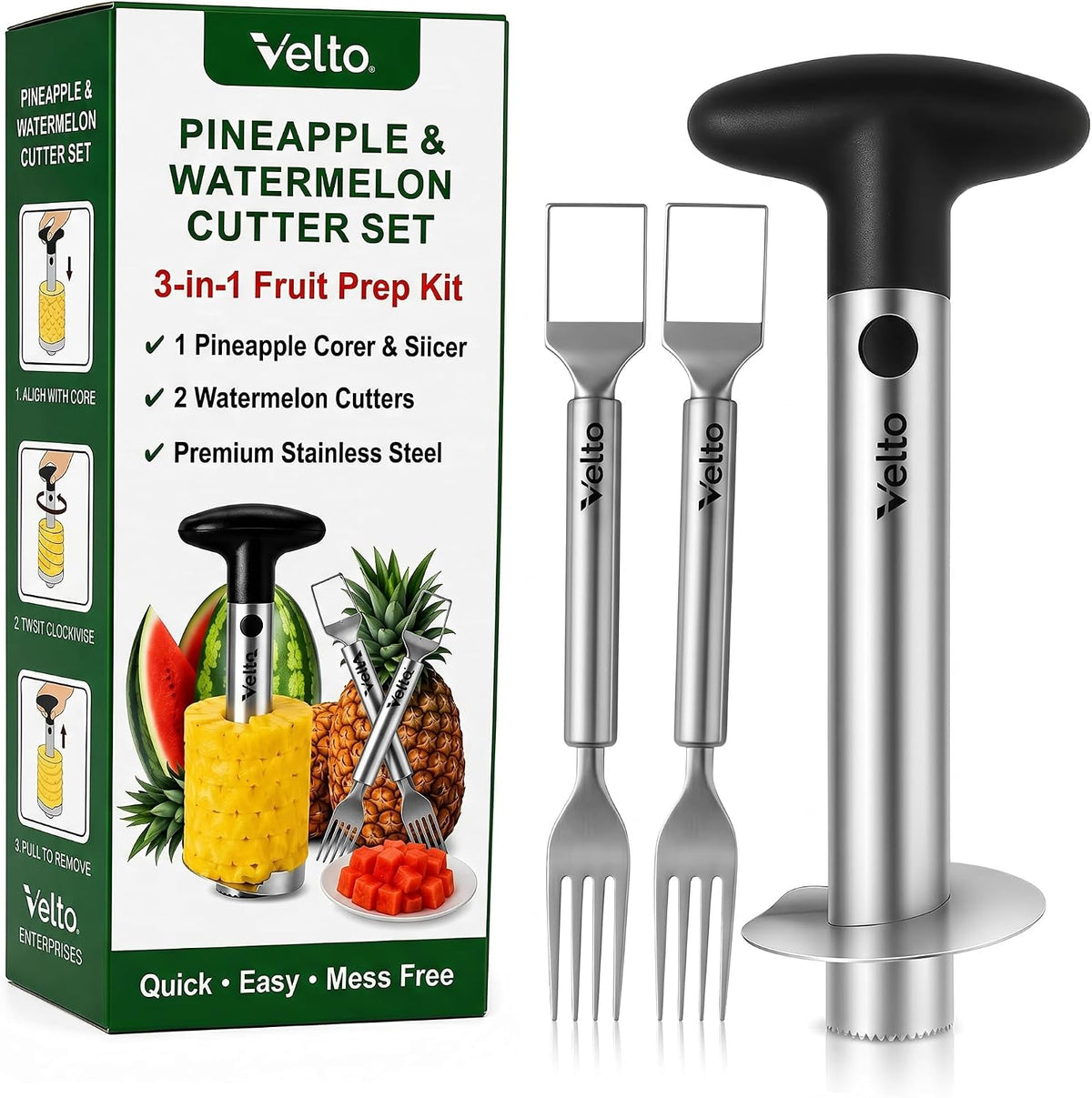 Pineapple Corer and Slicer, Watermelon Slicer, Cube Cutter & Fruit Fork Set