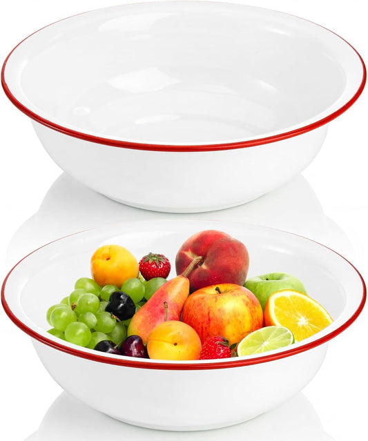 2 Pack 3 Quart Large Enamel Serving Bowl, 11" Unbreakable Vintage Metal Enamel Mixing Bowl, White and Red Kitchen Enamelware for Fruit, Salad, Pasta