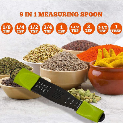 Adjustable Measuring Spoon, 9-in-1 Teaspoon & Tablespoon, Sliding | Dry & Liquid, 1/8 TSP to 1 TBSP, Double-Ended, Dishwasher Safe, Food-Grade Plastic - Performore, Black & Green