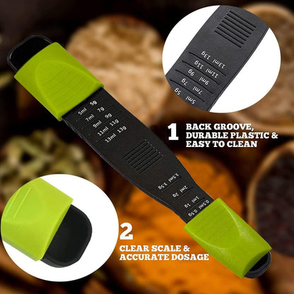 Adjustable Measuring Spoon, 9-in-1 Teaspoon & Tablespoon, Sliding | Dry & Liquid, 1/8 TSP to 1 TBSP, Double-Ended, Dishwasher Safe, Food-Grade Plastic - Performore, Black & Green