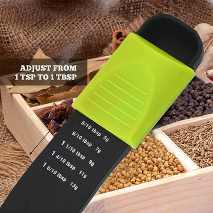 Adjustable Measuring Spoon, 9-in-1 Teaspoon & Tablespoon, Sliding | Dry & Liquid, 1/8 TSP to 1 TBSP, Double-Ended, Dishwasher Safe, Food-Grade Plastic - Performore, Black & Green