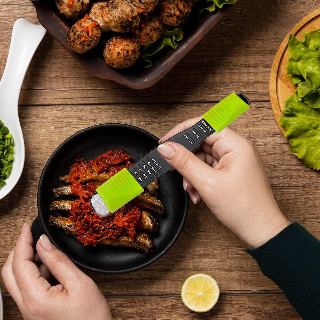 Adjustable Measuring Spoon, 9-in-1 Teaspoon & Tablespoon, Sliding | Dry & Liquid, 1/8 TSP to 1 TBSP, Double-Ended, Dishwasher Safe, Food-Grade Plastic - Performore, Black & Green