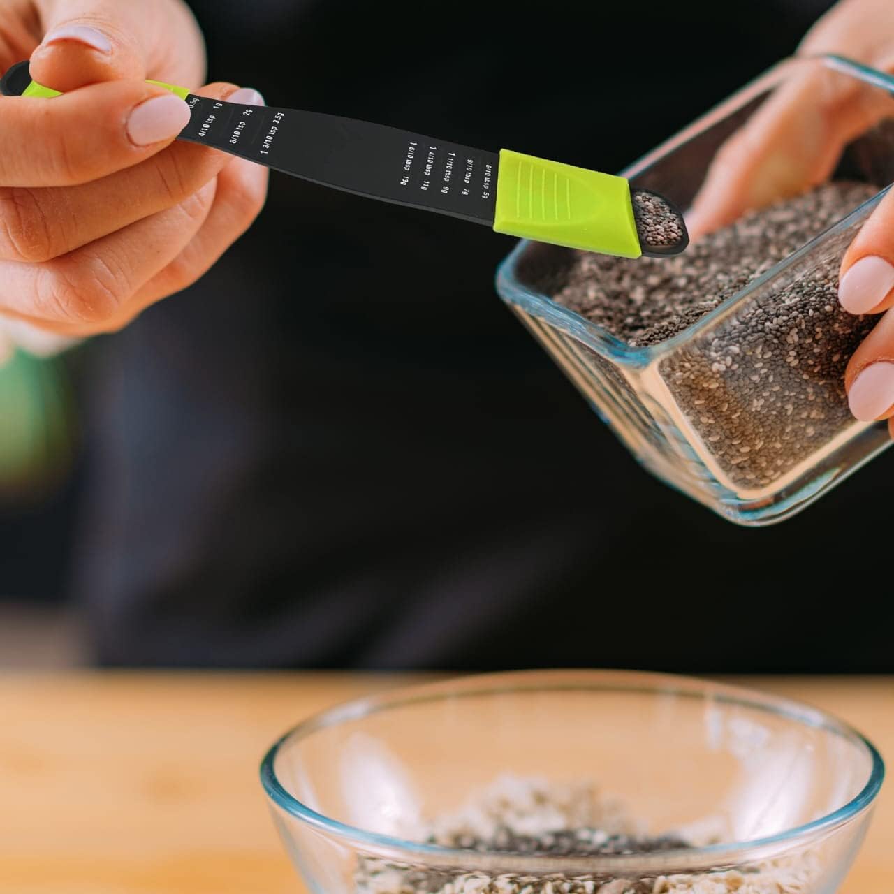 Adjustable Measuring Spoon, 9-in-1 Teaspoon & Tablespoon, Sliding | Dry & Liquid, 1/8 TSP to 1 TBSP, Double-Ended, Dishwasher Safe, Food-Grade Plastic - Performore, Black & Green
