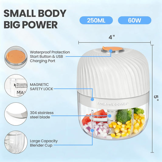 Electric Garlic Chopper 250ML, Mini USB Rechargeable Veggie Chopper, Cordless Garlic Mincer Onion Chopper Food Chopper for Ginger Chili Meat Sauce, Wireless Food Processor, White