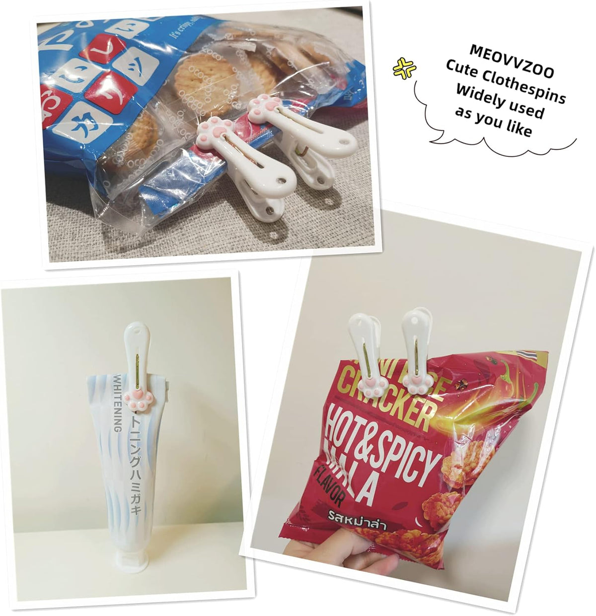 Plastic Clothespins Laundry Clothes Pins-24 Pack, Traceless Clothes Pegs, Bag Clips, Food Package Clip, with Cute Cat Claw Pattern