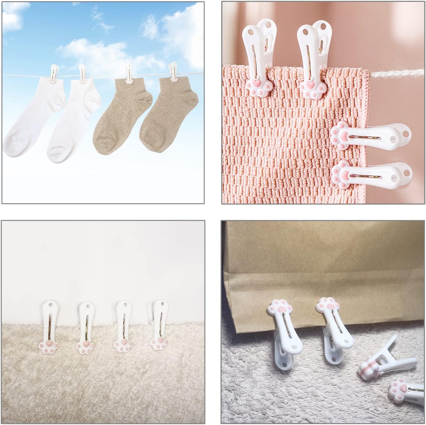 Plastic Clothespins Laundry Clothes Pins-24 Pack, Traceless Clothes Pegs, Bag Clips, Food Package Clip, with Cute Cat Claw Pattern