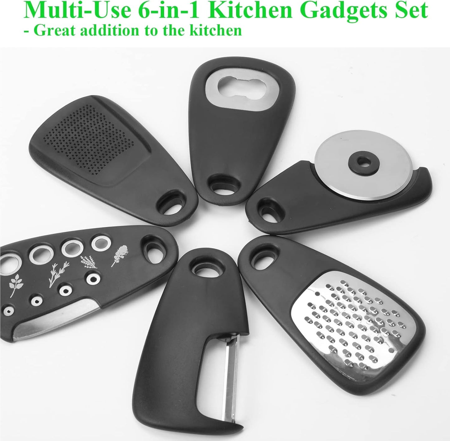 Kitchen Gadgets Set 6 Pieces, Space Saving Cooking Tools Kitchen Accessories-Garlic Grinder, Cheese Grater, Vegetable Peeler, Pizza Cutter, Herb Stripper, Bottle Opener, Gadgets Gift Set (Red)