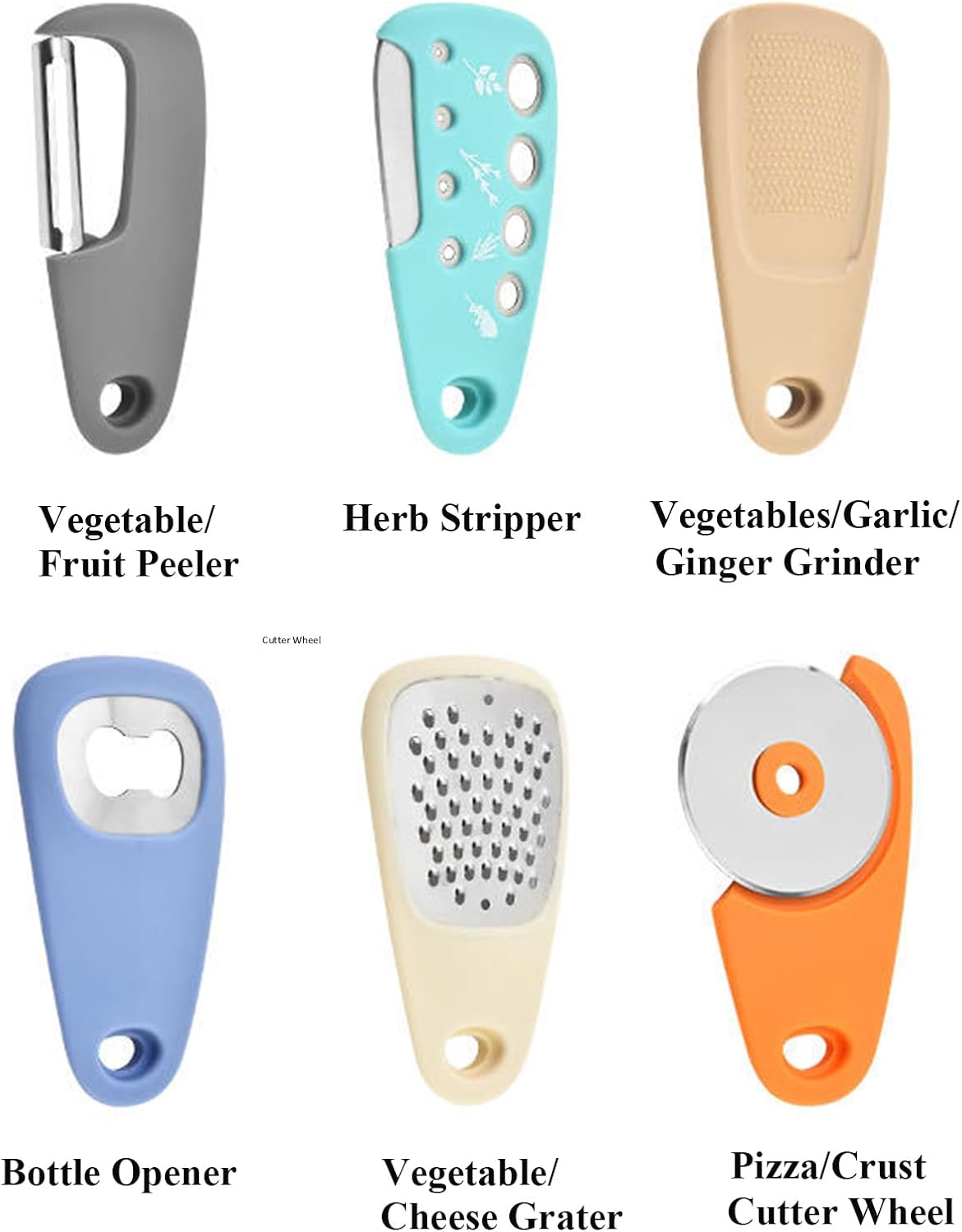 Kitchen Gadgets Set 6 Pieces, Space Saving Cooking Tools Kitchen Accessories-Garlic Grinder, Cheese Grater, Vegetable Peeler, Pizza Cutter, Herb Stripper, Bottle Opener, Gadgets Gift Set (Red)