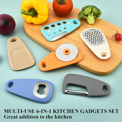 Kitchen Gadgets Set 6 Pieces, Space Saving Cooking Tools Kitchen Accessories-Garlic Grinder, Cheese Grater, Vegetable Peeler, Pizza Cutter, Herb Stripper, Bottle Opener, Gadgets Gift Set (Red)