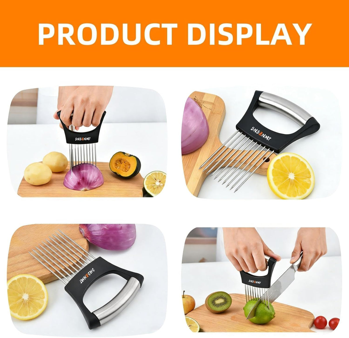 Onion Holder for Slicing, Upgrade Stainless Steel Onion Slicer Holder Lemon Slicer Vegetable Cutter, Assistant Tool for Slicing Fruit, Potato, Tomato and Meat