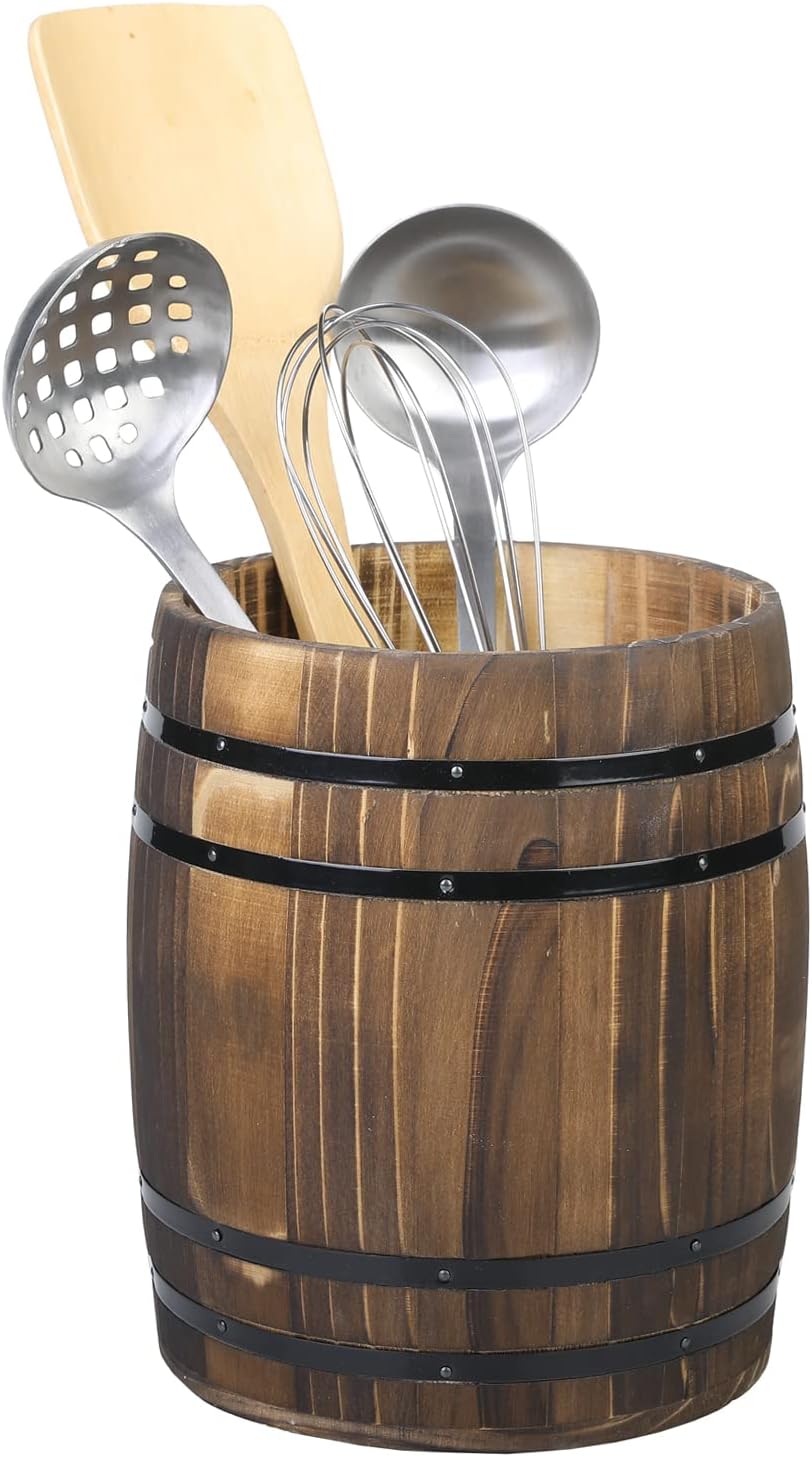 MyGift Wine Barrel Design Kitchen Utensil Crock, Vintage Rustic Burnt Wood Cooking Tool Holder | Vintage Farmhouse Style Cooking Tool Storage Holder for spatulas, spoons, whisks, and accessories, Countertop Organizer