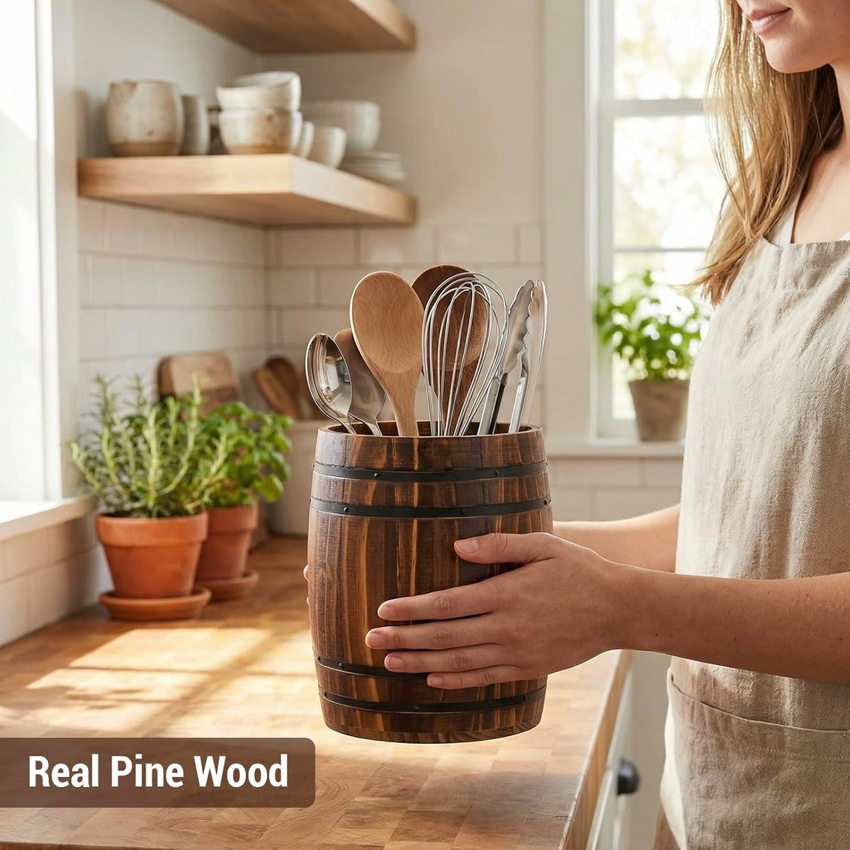 MyGift Wine Barrel Design Kitchen Utensil Crock, Vintage Rustic Burnt Wood Cooking Tool Holder | Vintage Farmhouse Style Cooking Tool Storage Holder for spatulas, spoons, whisks, and accessories, Countertop Organizer