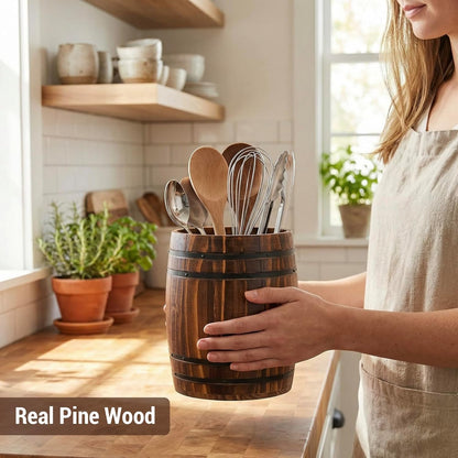MyGift Wine Barrel Design Kitchen Utensil Crock, Vintage Rustic Burnt Wood Cooking Tool Holder | Vintage Farmhouse Style Cooking Tool Storage Holder for spatulas, spoons, whisks, and accessories, Countertop Organizer