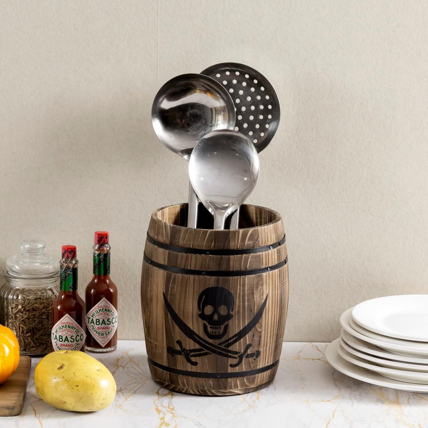 MyGift Wine Barrel Design Kitchen Utensil Crock, Vintage Rustic Burnt Wood Cooking Tool Holder | Vintage Farmhouse Style Cooking Tool Storage Holder for spatulas, spoons, whisks, and accessories, Countertop Organizer