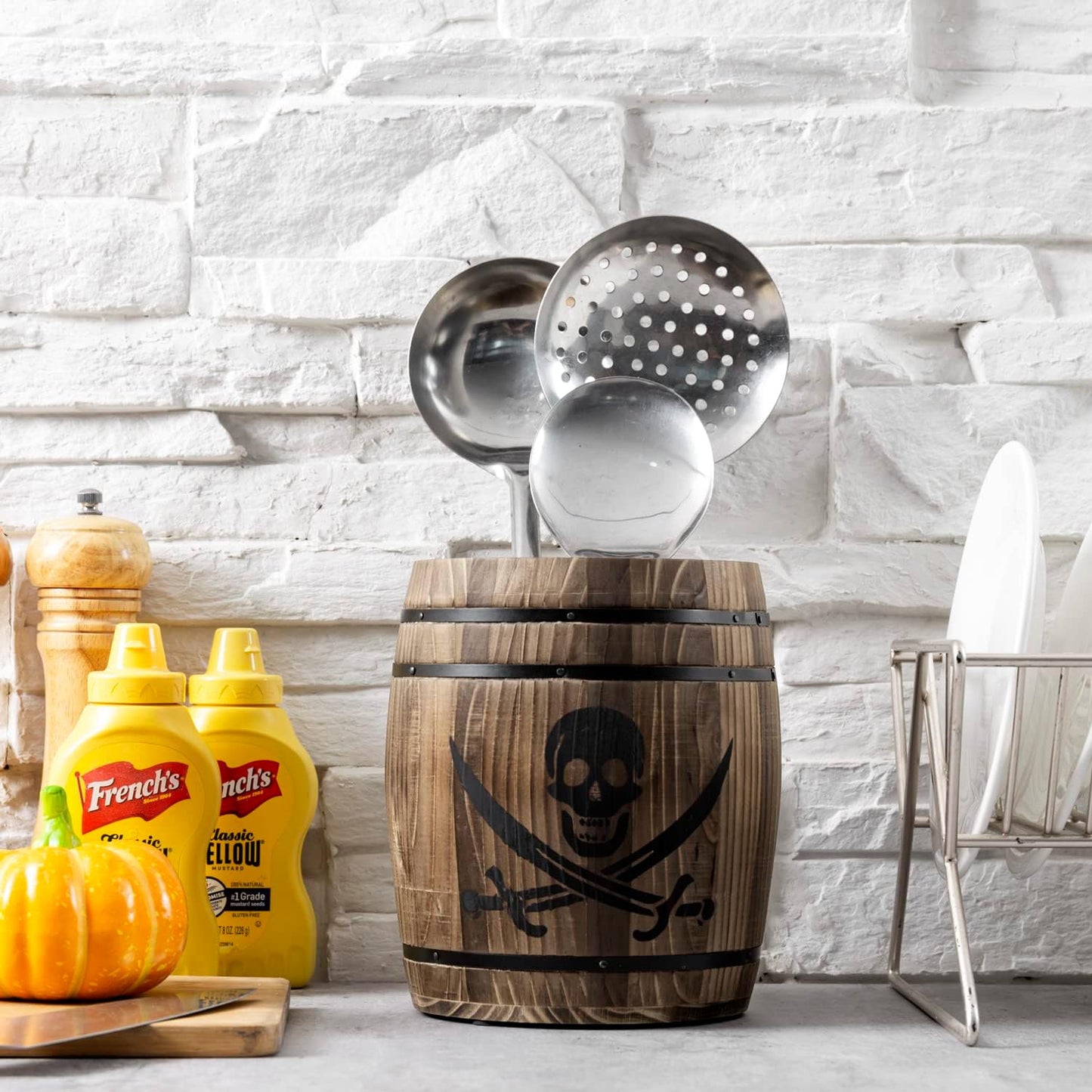 MyGift Wine Barrel Design Kitchen Utensil Crock, Vintage Rustic Burnt Wood Cooking Tool Holder | Vintage Farmhouse Style Cooking Tool Storage Holder for spatulas, spoons, whisks, and accessories, Countertop Organizer