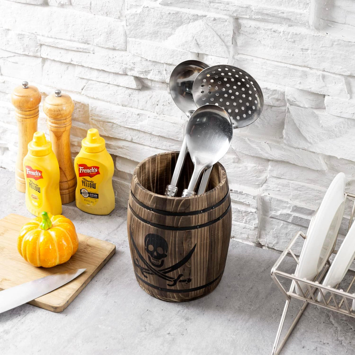 MyGift Wine Barrel Design Kitchen Utensil Crock, Vintage Rustic Burnt Wood Cooking Tool Holder | Vintage Farmhouse Style Cooking Tool Storage Holder for spatulas, spoons, whisks, and accessories, Countertop Organizer