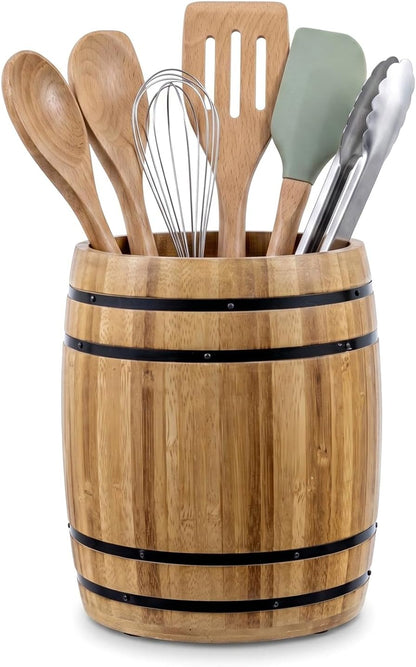 MyGift Wine Barrel Design Kitchen Utensil Crock, Vintage Rustic Burnt Wood Cooking Tool Holder | Vintage Farmhouse Style Cooking Tool Storage Holder for spatulas, spoons, whisks, and accessories, Countertop Organizer