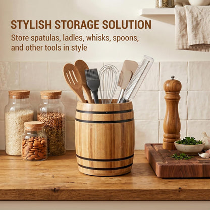 MyGift Wine Barrel Design Kitchen Utensil Crock, Vintage Rustic Burnt Wood Cooking Tool Holder | Vintage Farmhouse Style Cooking Tool Storage Holder for spatulas, spoons, whisks, and accessories, Countertop Organizer