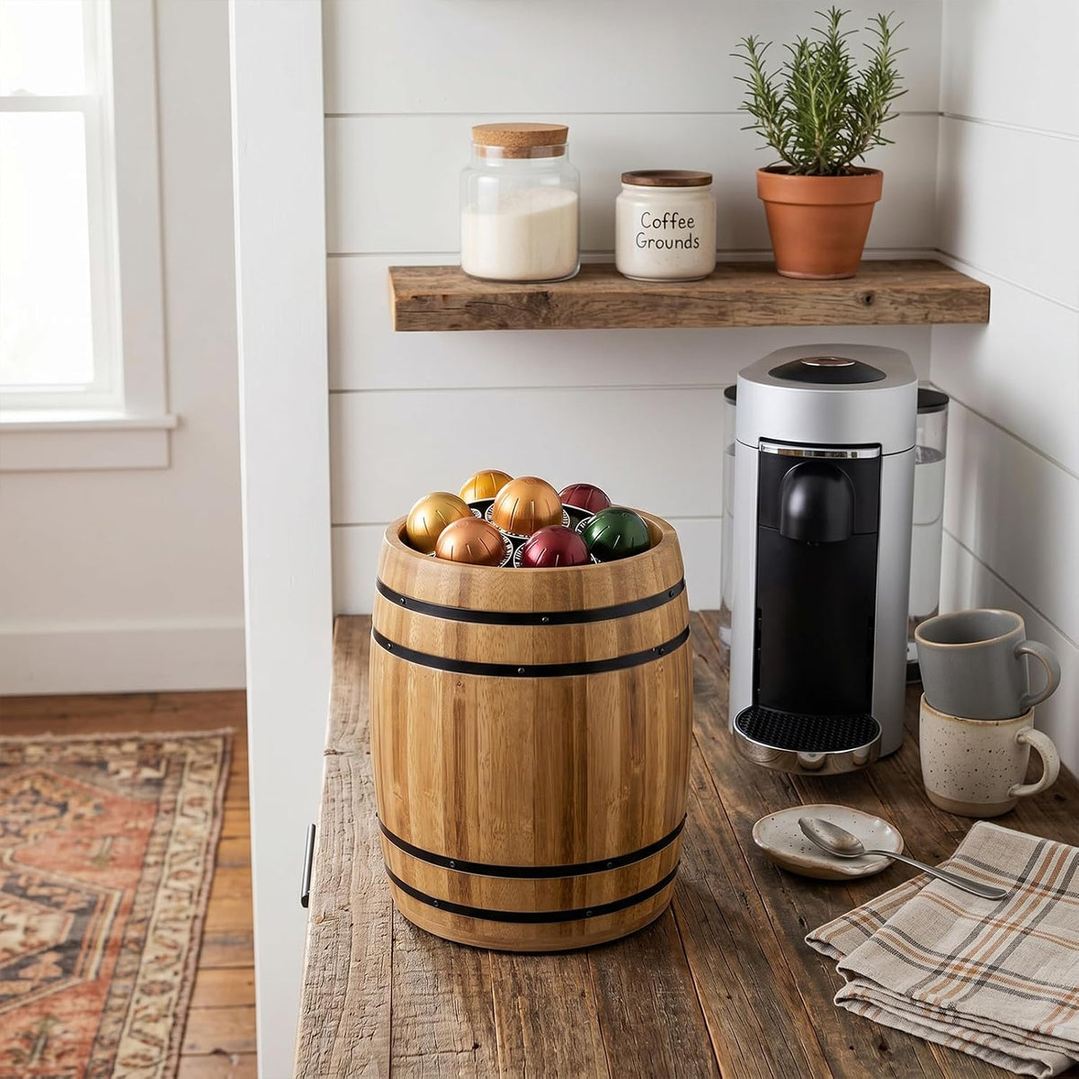 MyGift Wine Barrel Design Kitchen Utensil Crock, Vintage Rustic Burnt Wood Cooking Tool Holder | Vintage Farmhouse Style Cooking Tool Storage Holder for spatulas, spoons, whisks, and accessories, Countertop Organizer