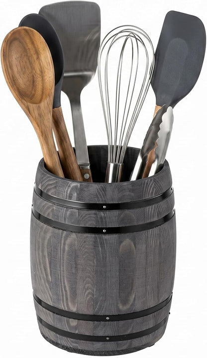 MyGift Wine Barrel Design Kitchen Utensil Crock, Vintage Rustic Burnt Wood Cooking Tool Holder | Vintage Farmhouse Style Cooking Tool Storage Holder for spatulas, spoons, whisks, and accessories, Countertop Organizer