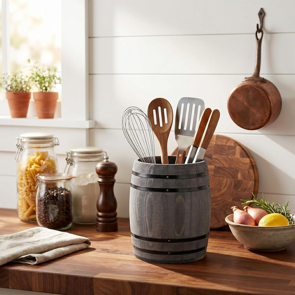 MyGift Wine Barrel Design Kitchen Utensil Crock, Vintage Rustic Burnt Wood Cooking Tool Holder | Vintage Farmhouse Style Cooking Tool Storage Holder for spatulas, spoons, whisks, and accessories, Countertop Organizer
