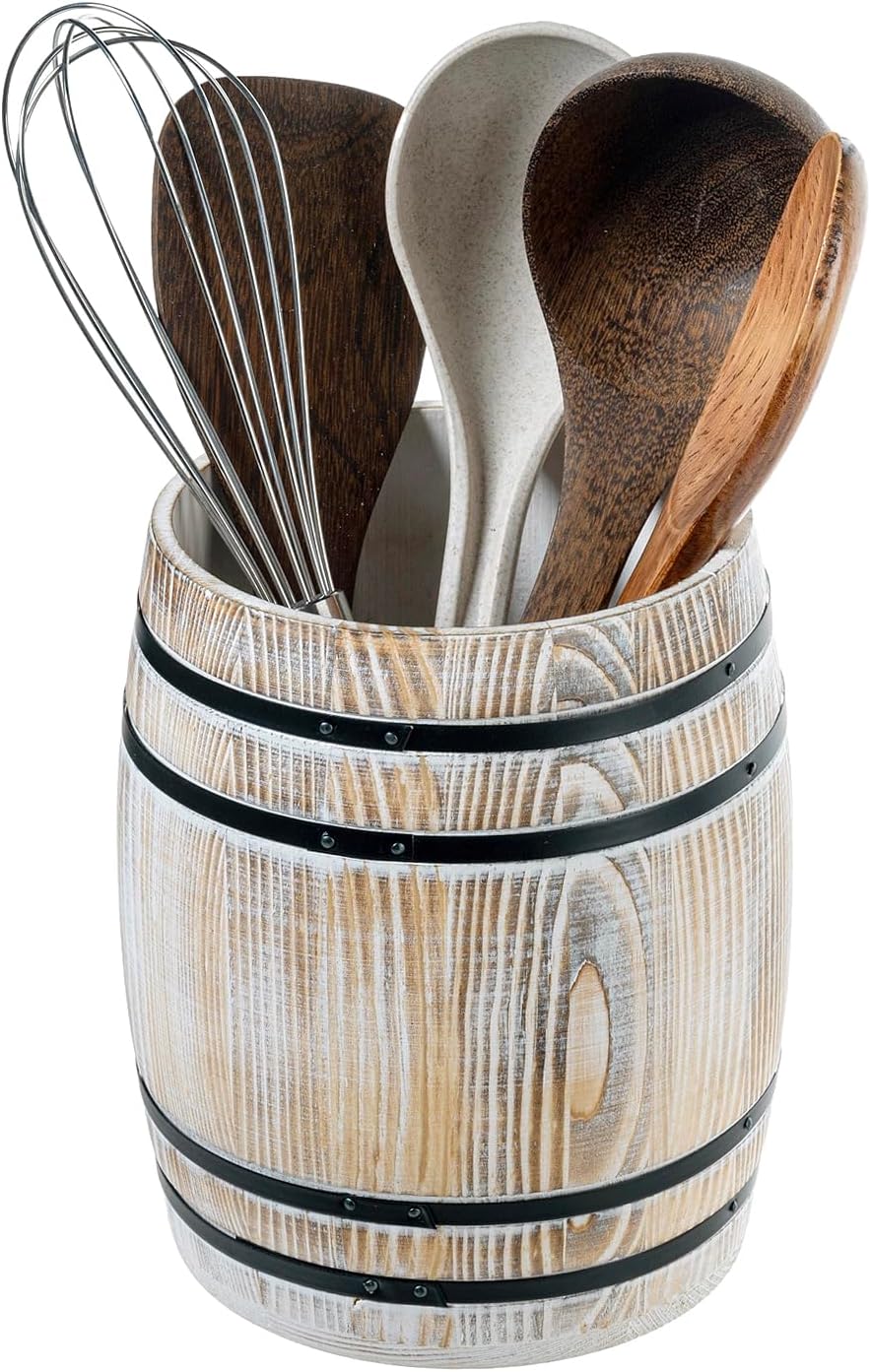 MyGift Wine Barrel Design Kitchen Utensil Crock, Vintage Rustic Burnt Wood Cooking Tool Holder | Vintage Farmhouse Style Cooking Tool Storage Holder for spatulas, spoons, whisks, and accessories, Countertop Organizer