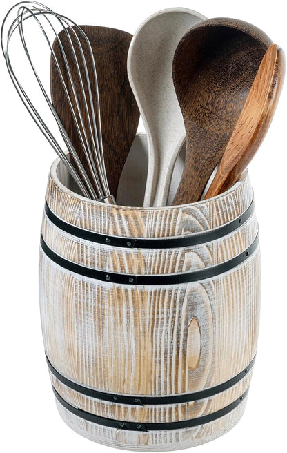 MyGift Wine Barrel Design Kitchen Utensil Crock, Vintage Rustic Burnt Wood Cooking Tool Holder | Vintage Farmhouse Style Cooking Tool Storage Holder for spatulas, spoons, whisks, and accessories, Countertop Organizer