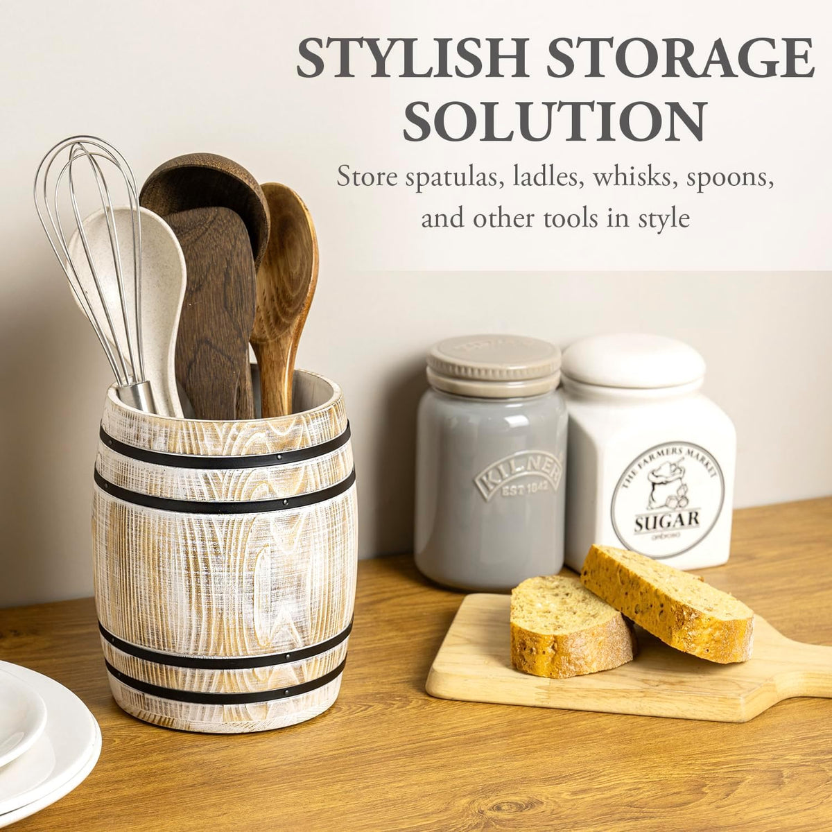 MyGift Wine Barrel Design Kitchen Utensil Crock, Vintage Rustic Burnt Wood Cooking Tool Holder | Vintage Farmhouse Style Cooking Tool Storage Holder for spatulas, spoons, whisks, and accessories, Countertop Organizer