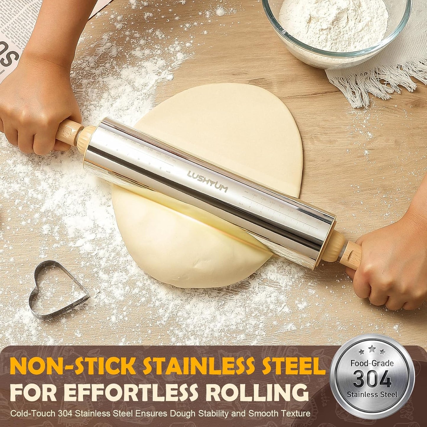 Adjustable Rolling Pin with Thickness Rings 304 Stainless Steel Dough Roller with Dual-Purpose Stand Detachable Handles for Pizza Cookies Fondant Non Stick Metal Kitchen Tool Gift for Bakers