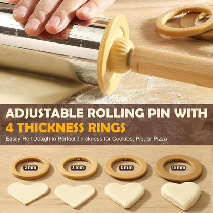 Adjustable Rolling Pin with Thickness Rings 304 Stainless Steel Dough Roller with Dual-Purpose Stand Detachable Handles for Pizza Cookies Fondant Non Stick Metal Kitchen Tool Gift for Bakers
