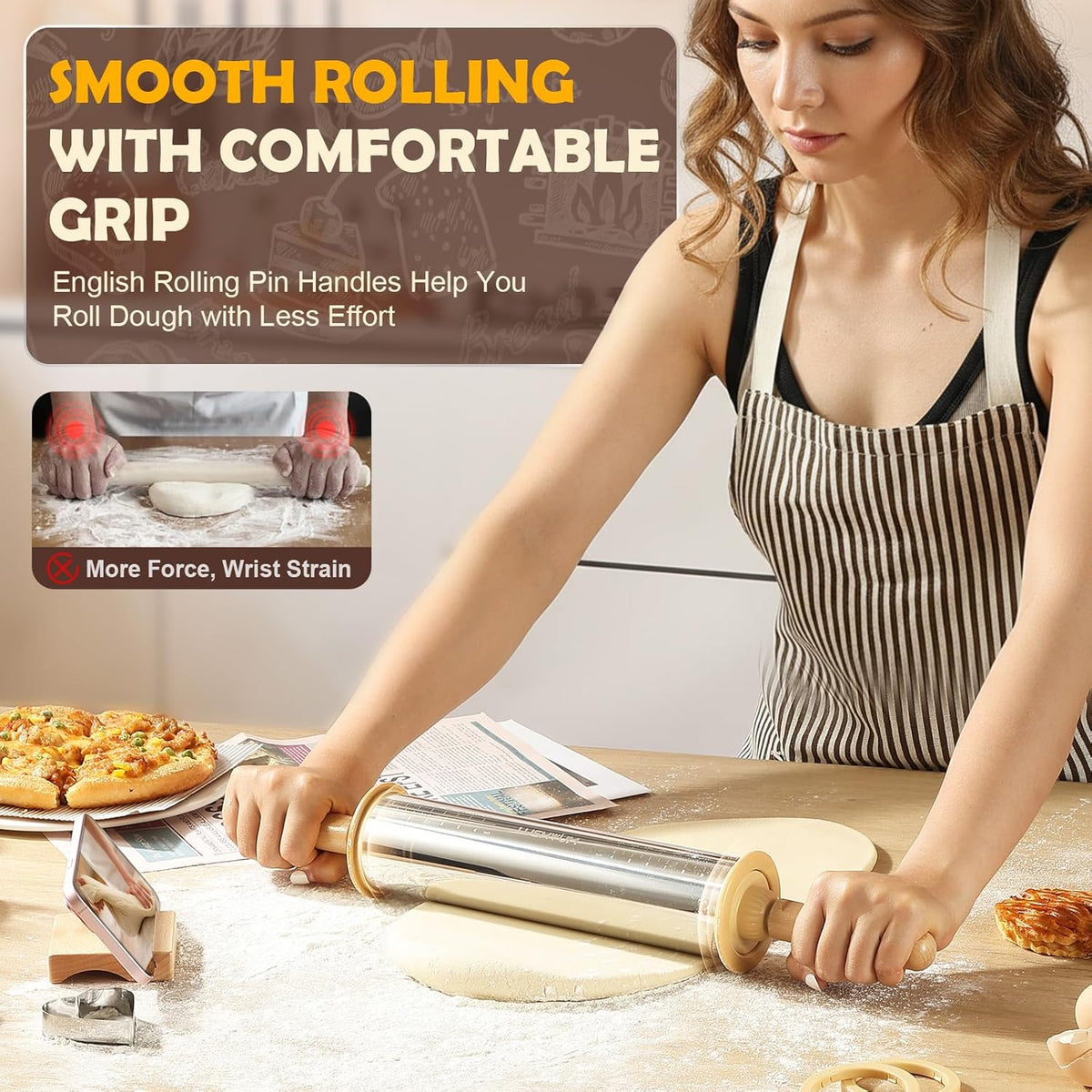 Adjustable Rolling Pin with Thickness Rings 304 Stainless Steel Dough Roller with Dual-Purpose Stand Detachable Handles for Pizza Cookies Fondant Non Stick Metal Kitchen Tool Gift for Bakers