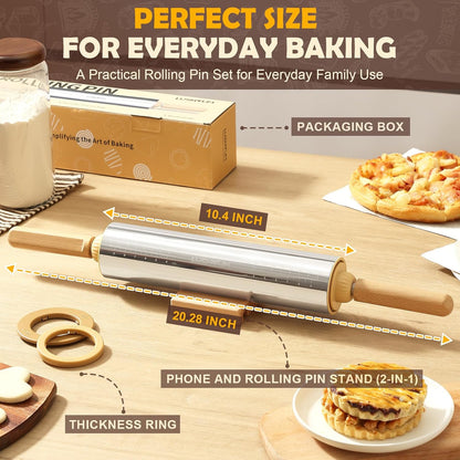 Adjustable Rolling Pin with Thickness Rings 304 Stainless Steel Dough Roller with Dual-Purpose Stand Detachable Handles for Pizza Cookies Fondant Non Stick Metal Kitchen Tool Gift for Bakers