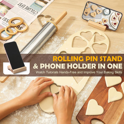 Adjustable Rolling Pin with Thickness Rings 304 Stainless Steel Dough Roller with Dual-Purpose Stand Detachable Handles for Pizza Cookies Fondant Non Stick Metal Kitchen Tool Gift for Bakers