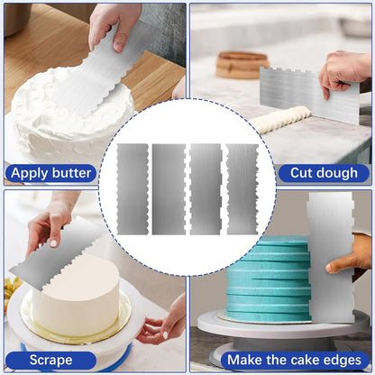 2 Pcs Stainless Steel Cake Scraper, 8.6-inch Double Sided Patterned Edge Stripe Edge Smoother Scraper, Cake Decorating Comb Metal Cake Scraper for Butter Mousse Cream Decoration