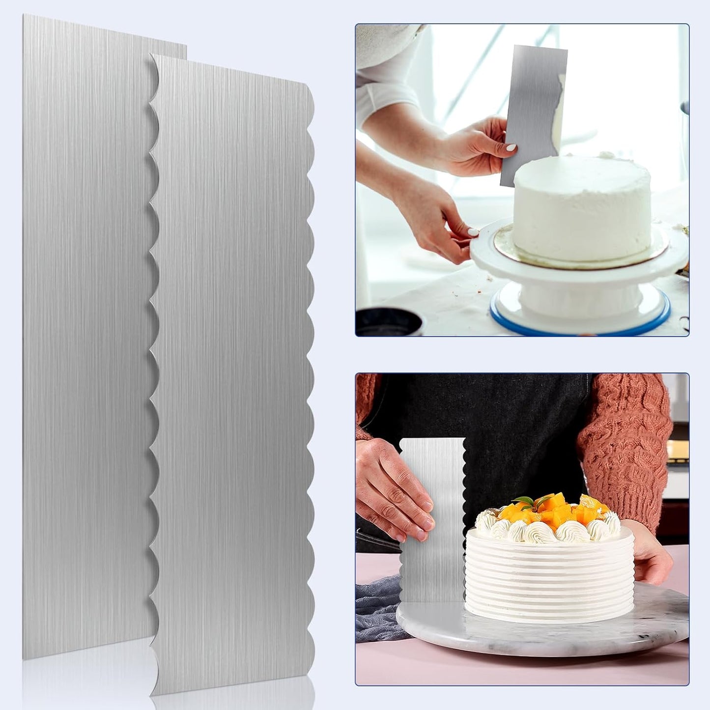 2 Pcs Stainless Steel Cake Scraper, 8.6-inch Double Sided Patterned Edge Stripe Edge Smoother Scraper, Cake Decorating Comb Metal Cake Scraper for Butter Mousse Cream Decoration
