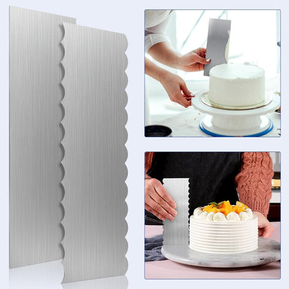2 Pcs Stainless Steel Cake Scraper, 8.6-inch Double Sided Patterned Edge Stripe Edge Smoother Scraper, Cake Decorating Comb Metal Cake Scraper for Butter Mousse Cream Decoration