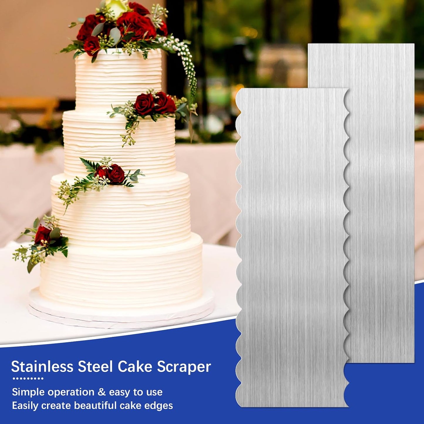 2 Pcs Stainless Steel Cake Scraper, 8.6-inch Double Sided Patterned Edge Stripe Edge Smoother Scraper, Cake Decorating Comb Metal Cake Scraper for Butter Mousse Cream Decoration