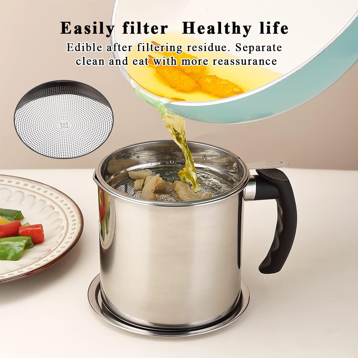 Bacon Grease Container With Strainer, 48 oz Stainless Steel Oil Container, Pot Fat Storage With Lid, Easy Grip Handle Suitable For Storing Frying Oil And Cooking Grease 1. Silver